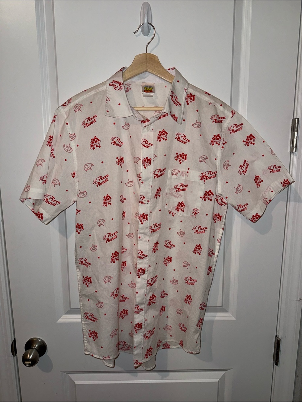 Disney White Short-Sleeve Button-Down Shirt with Red Pizza Planet Print